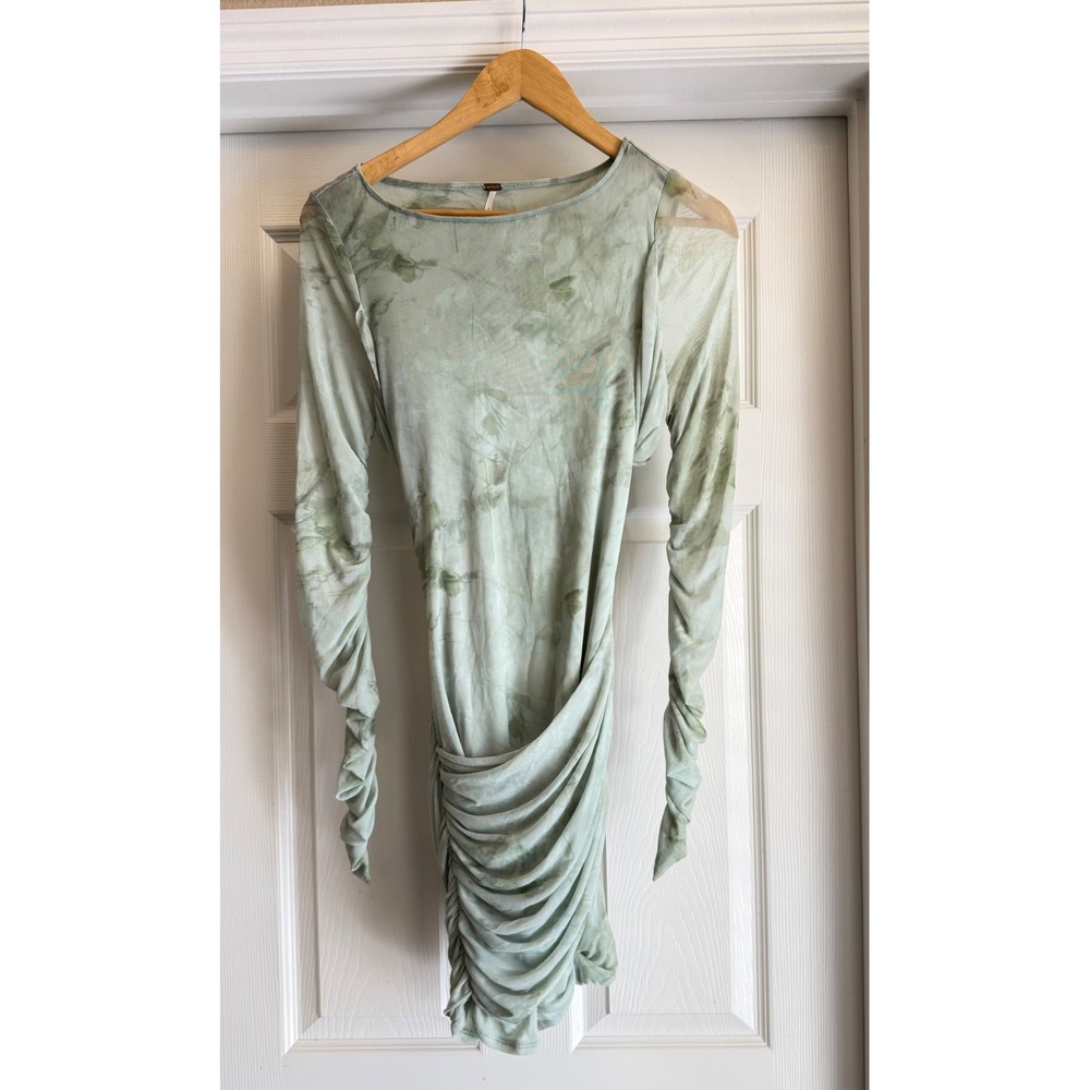 Free People Ruched Mesh Mini Dress Women Small Sage Green Tie Dye Open Back